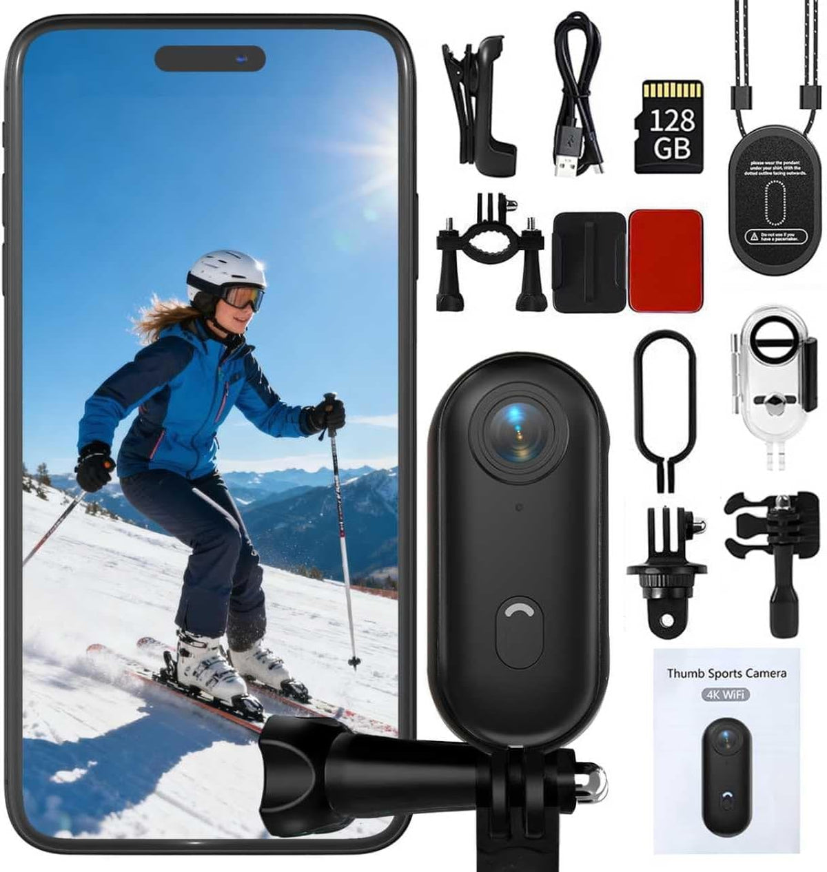 Thumb Action Camera | Mini POV Sports Camera, Waterproof Action Camera the Size of a Thumb for Running, Cycling, Hiking, Swimming, Outdoor Adventures, Vlogging (Black, 128, GB)