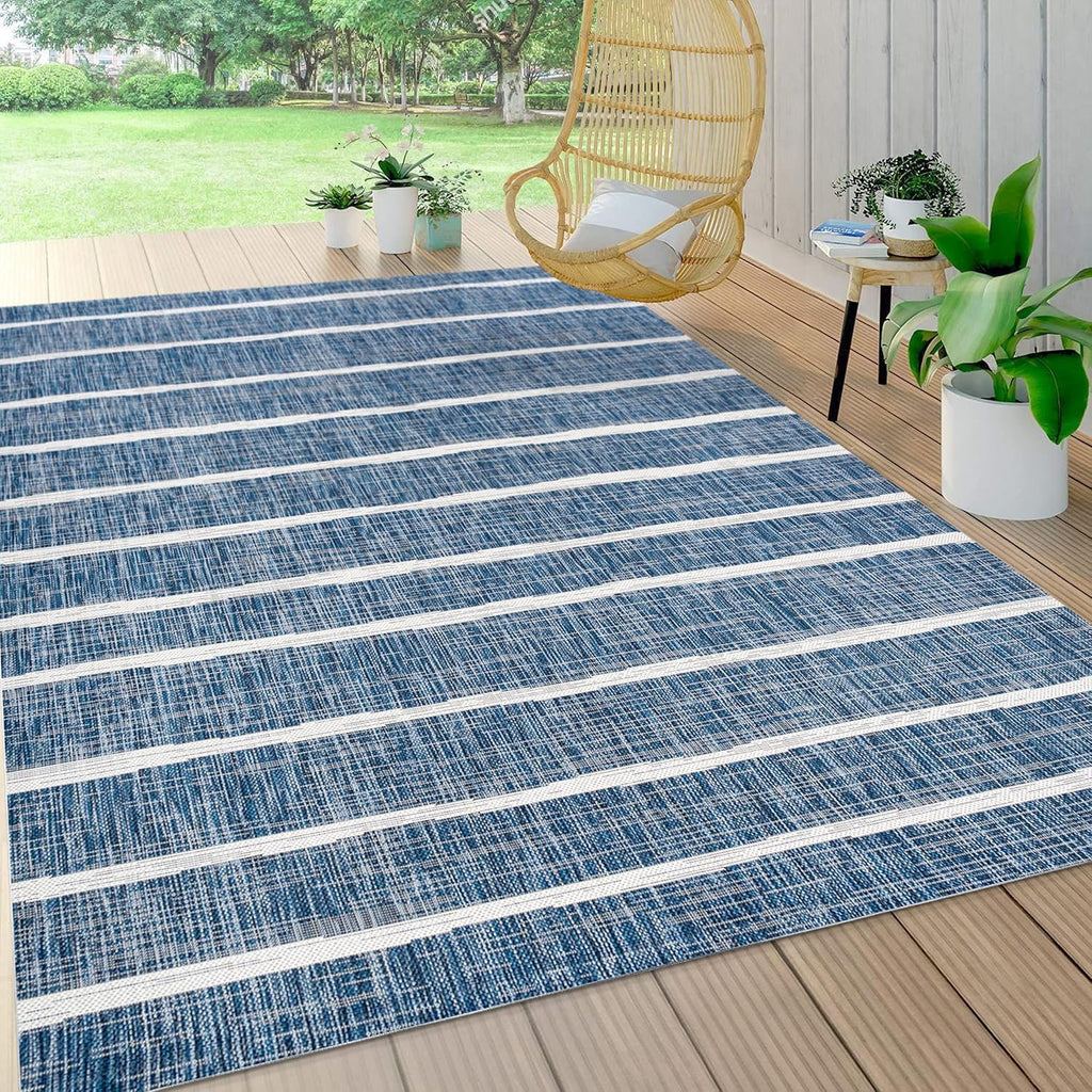 JONATHAN Y Berber Stripe Indoor Outdoor Area Rug 8X10 Blue/Ivory, Colonia for Backyard, Patio, Porch, Easy-Cleaning, High Traffic, Pet-Friendly, Non-Shedding (SMB125C-8)
