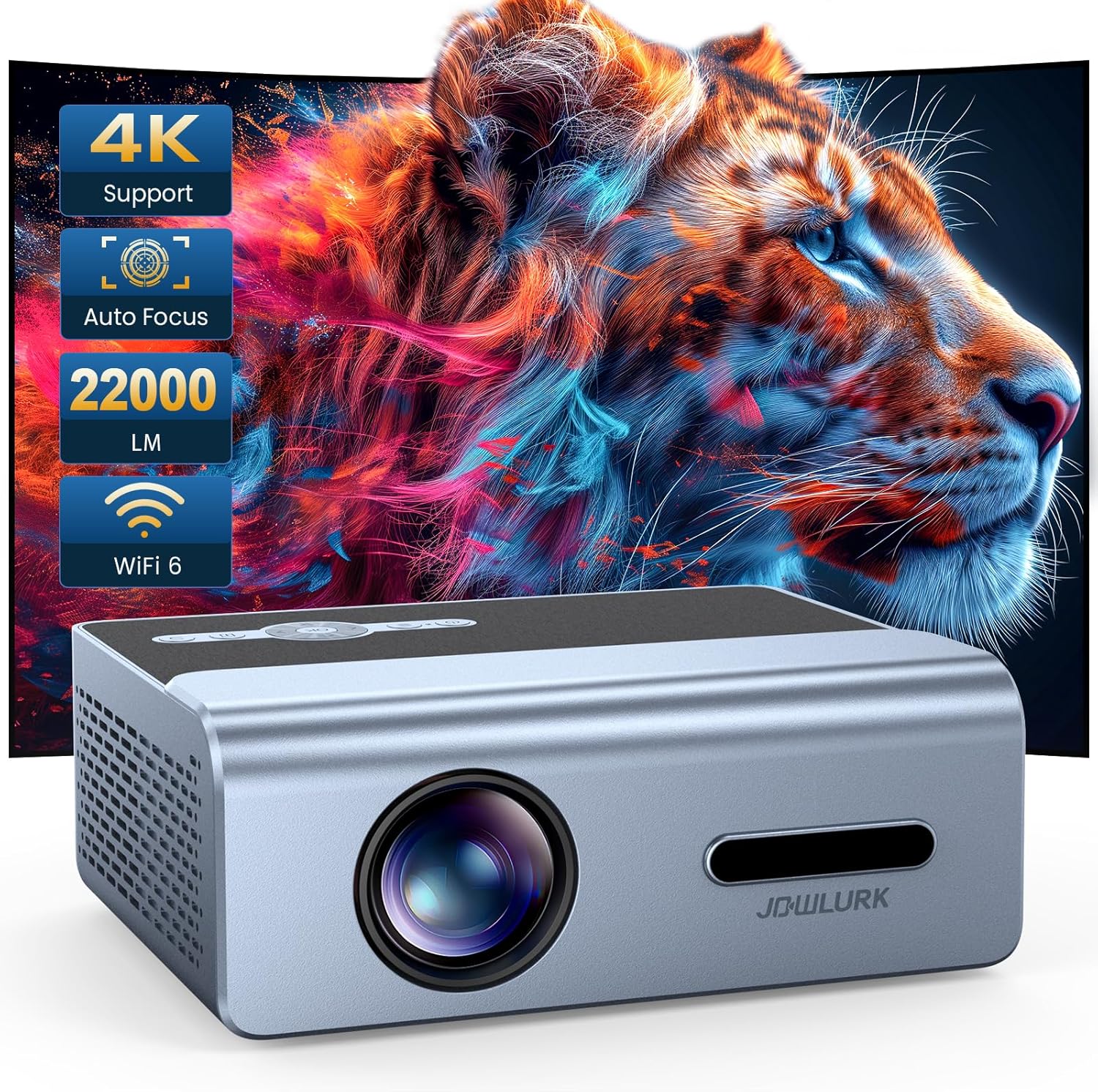 Electric Focus Projector with Wifi and Bluetooth, 22000L Auto Keystone Outdoor Projector 4K Support, JOWLURK Native 1080p Movie Projector for iOS/Android/TV Stick/HDMI/USB/Laptop/PS5