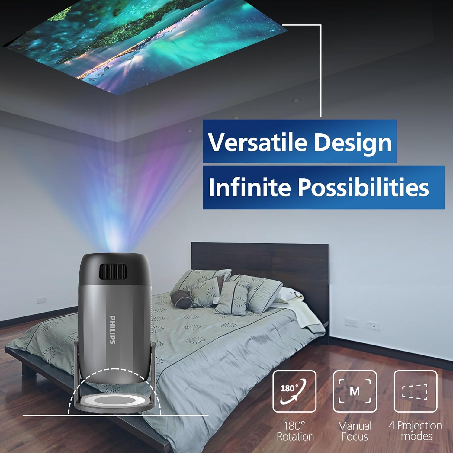Philips, Neopix 150 home theater projector, Full HD 1920 x 1080p, 180 degree rotatable, LED light source, mirror mode, WLAN 6, stereo sound 2 x 3 watts, black