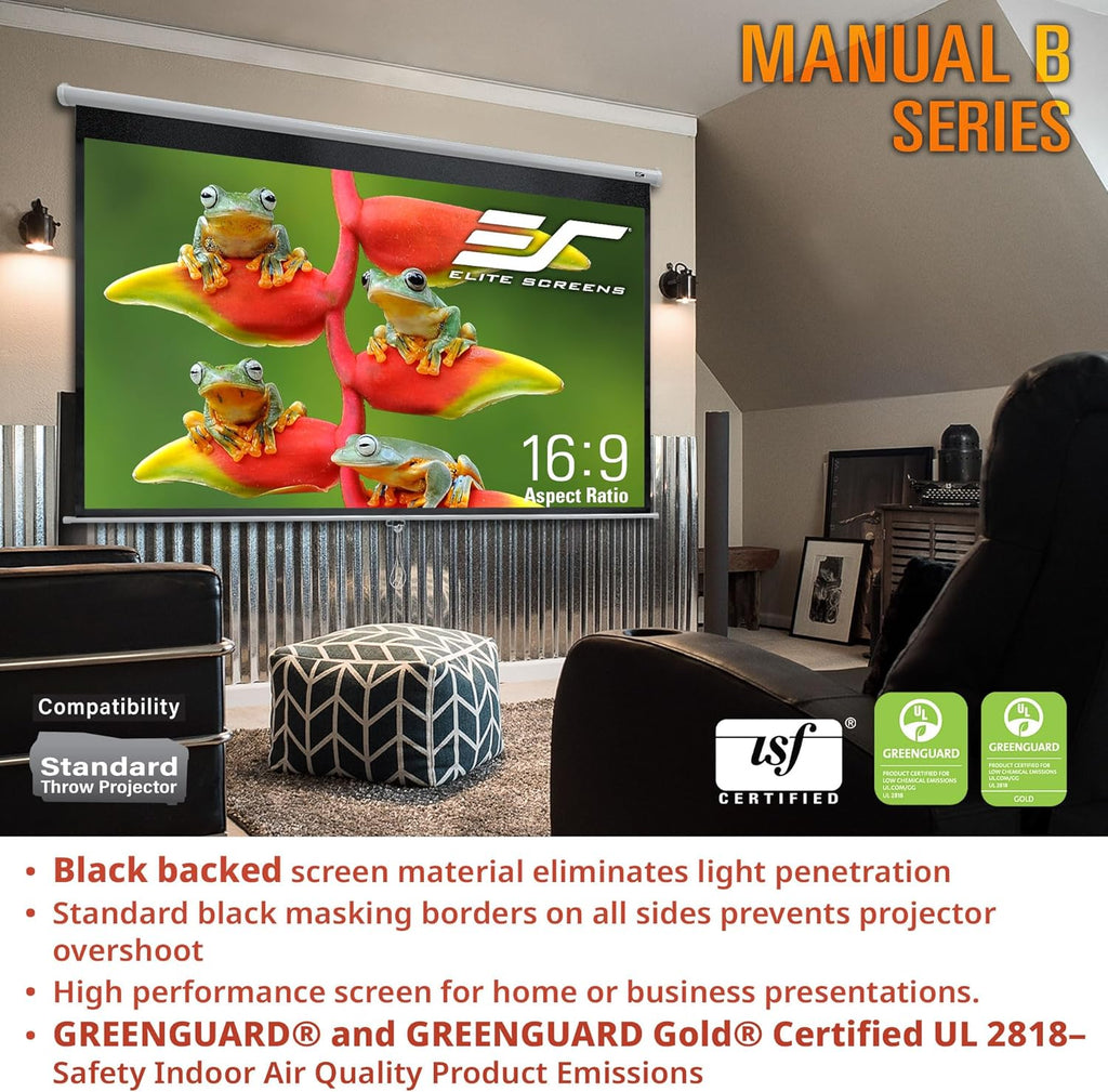 Elite Screens Manual B, 100-INCH Manual Pull Down Projector Screen Diagonal 16:9 Diag 4K 8K 3D Ultra HDR HD Ready Home Theater Movie Office Presentation, M100H