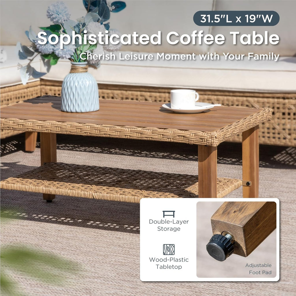 PHI VILLA Sectional Outdoor Couch, Small Patio Furniture Set with Cushions and Acacia Wood Coffee Table, L-Shaped Wicker Outdoor Sofa for Deck or Porch, 4 Seats, Beige