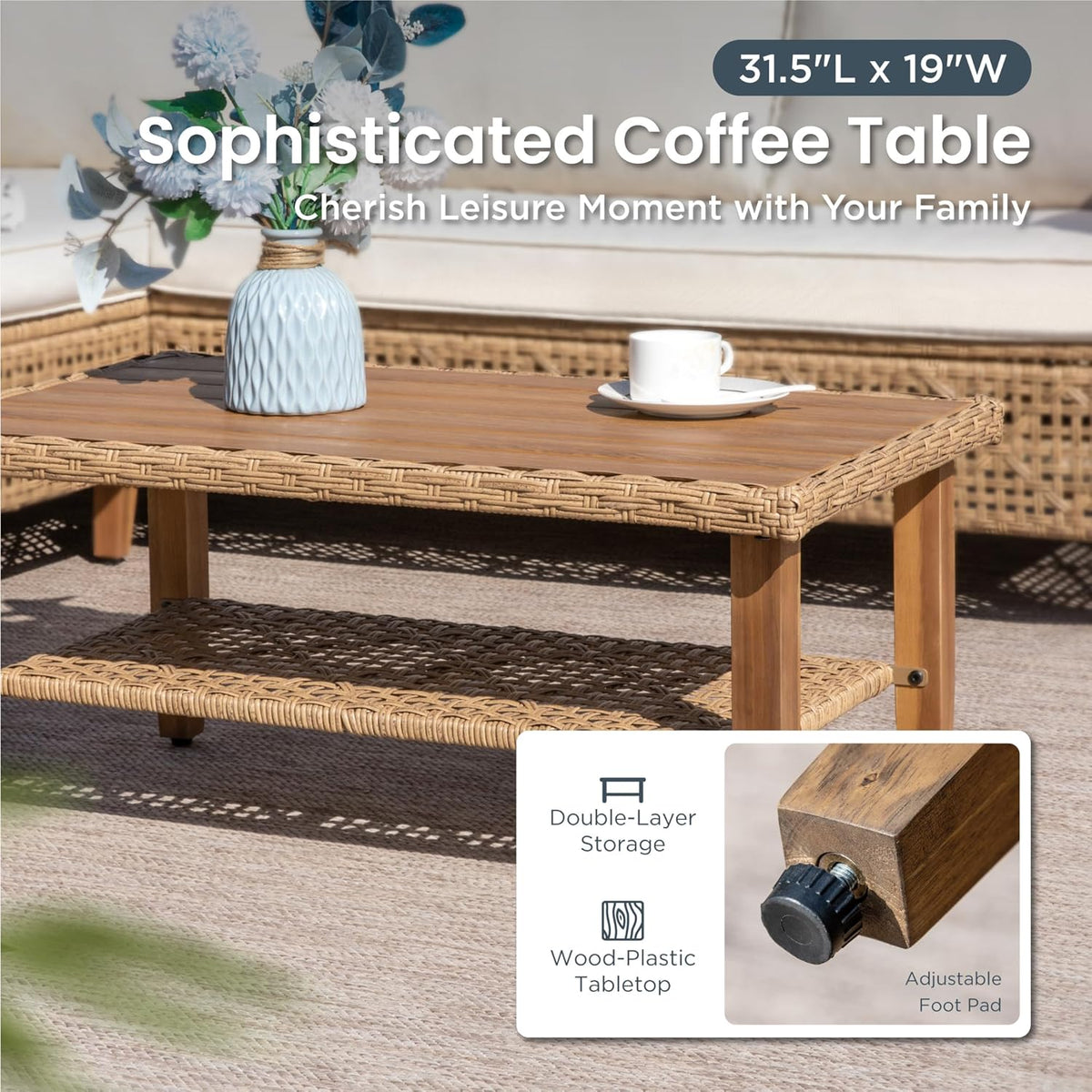 PHI VILLA Sectional Outdoor Couch, Small Patio Furniture Set with Cushions and Acacia Wood Coffee Table, L-Shaped Wicker Outdoor Sofa for Deck or Porch, 4 Seats, Beige