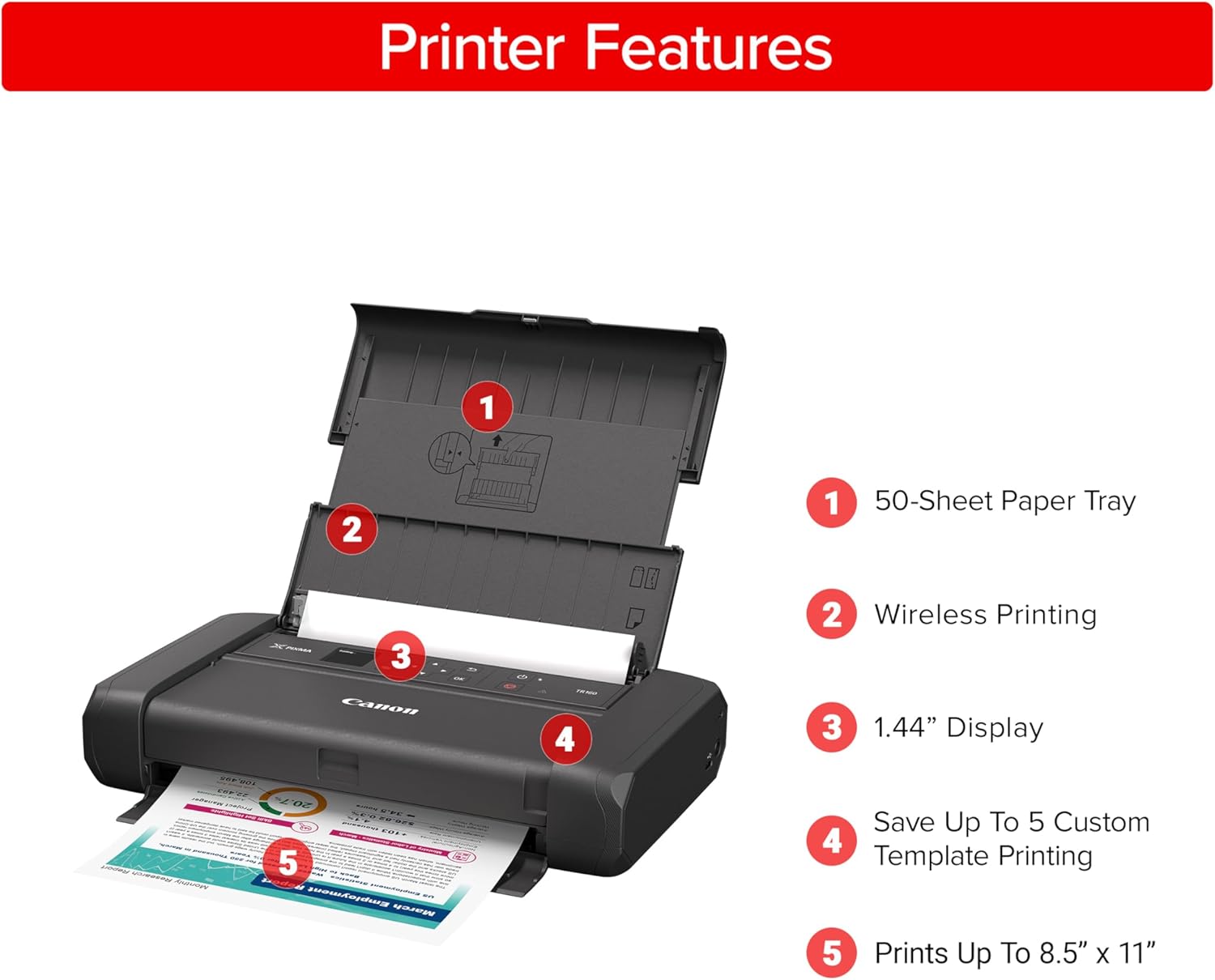 Canon PIXMA TR160 Wireless Portable Printer, 50-Sheet Paper Tray and 1.44" Display