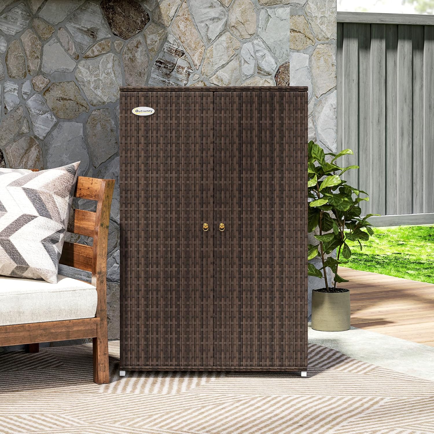Outsunny Wicker Outdoor Storage Cabinet with Shelves, 2-Door Rattan Pool Towel Storage Cabinet with Removable Shelf & Drawer, Outdoor Towel Holder for Garden, Backyard, Porch, Mixed Brown