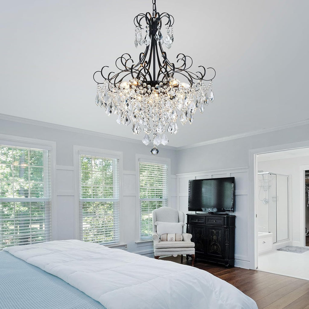 WUZUPS Crystal Chandelier 10-Light Pendant Ceiling Light Modern Lighting Fixture for Dining Room Hallway Bedroom Kitchen Bathroom, H 27.6" x W 22.8", E12 Base, Black
