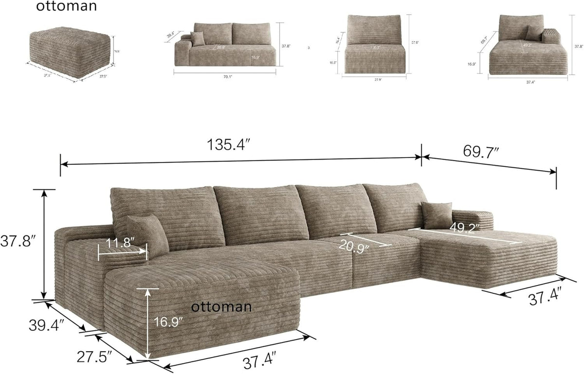 37.4" Rectangle Ottoman Foot Rest for Couch - Corduroy Upholstered Compressed Memory Foam, Cloud Ottoman for Modular Sectional, No Assembly Required, DIY Combination, Camel