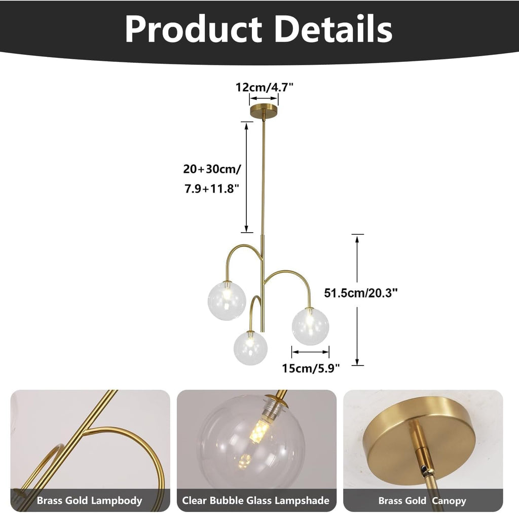 Modern Gold Globe Pendant Lighting 3-Light Clear Glass Bubble Chandelier Mid Century Sputnik Light Fixture Brushed Brass Ceiling Pendant Light for Kitchen Island Living Room