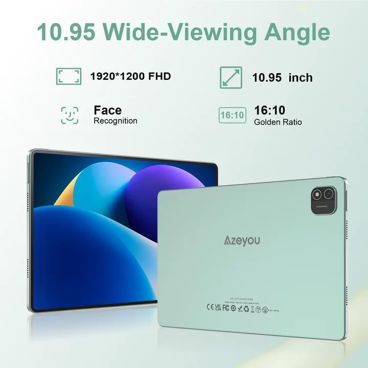 Azeyou 11 Inch Android 15 Tablet 20GB RAM 128GB ROM 1TB Expand, 8000mAh Octa-Core 5G Tablet, 1920x1200 HD IPS Display GPS Wi-Fi 6 Tablet, Widevine L1 Metal Green