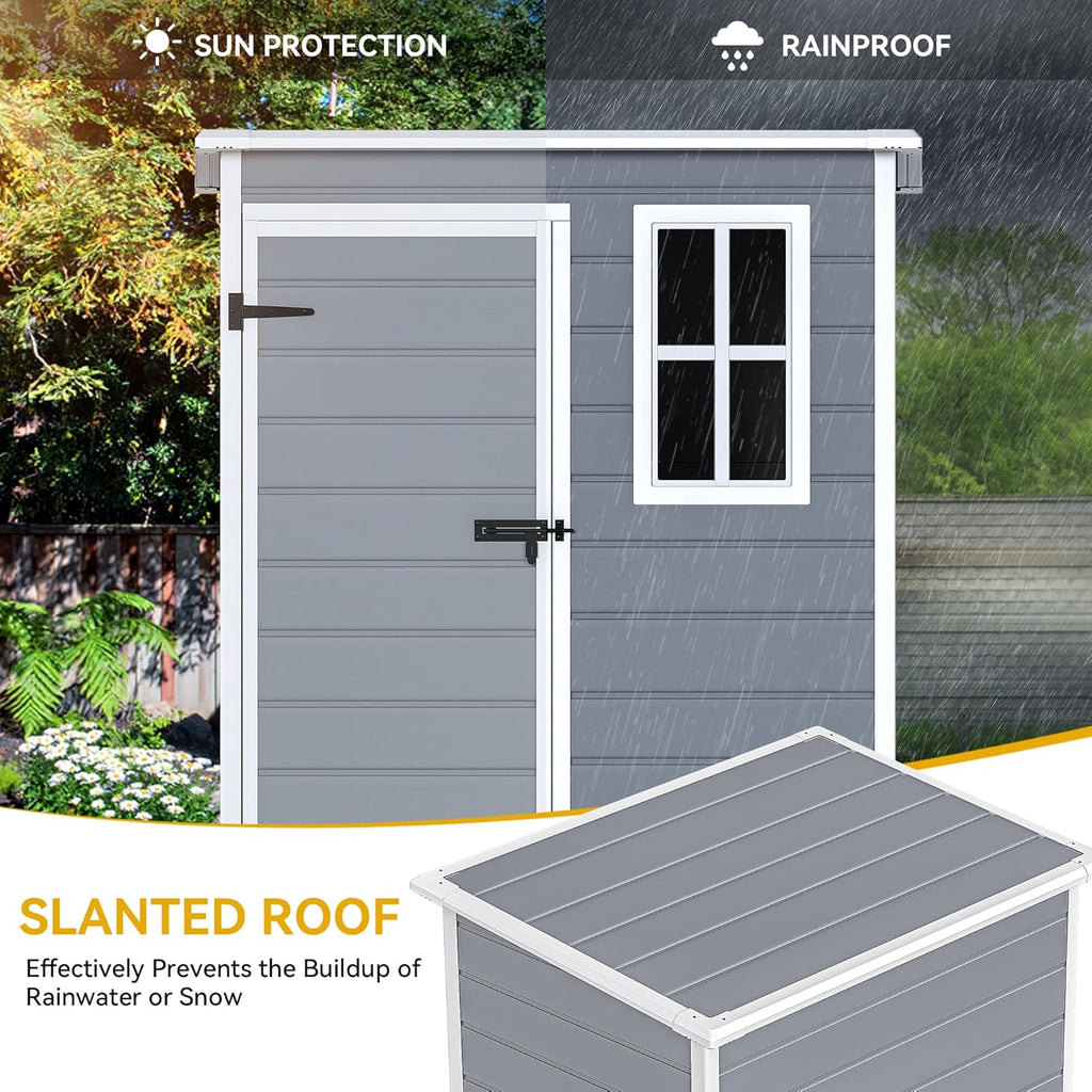 DWVO 5x3 FT Outdoor Storage Shed with Floor, All-Weather Resin Storage Shed with Window & Lockable Door, Waterproof Plastic Tool Storage for Garden Patio, Gray