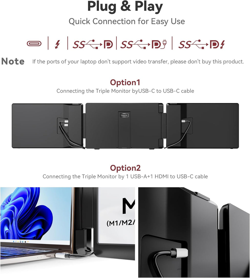 15.6" Laptop Screen Extender, 1080P FHD IPS Portable Monitor, Plug and Play, Triple Portable Laptop Monitor for 13-17" Laptops with USB-C/HDMI, for Wins/MacOS(M1//M2/M3Pro/Max).