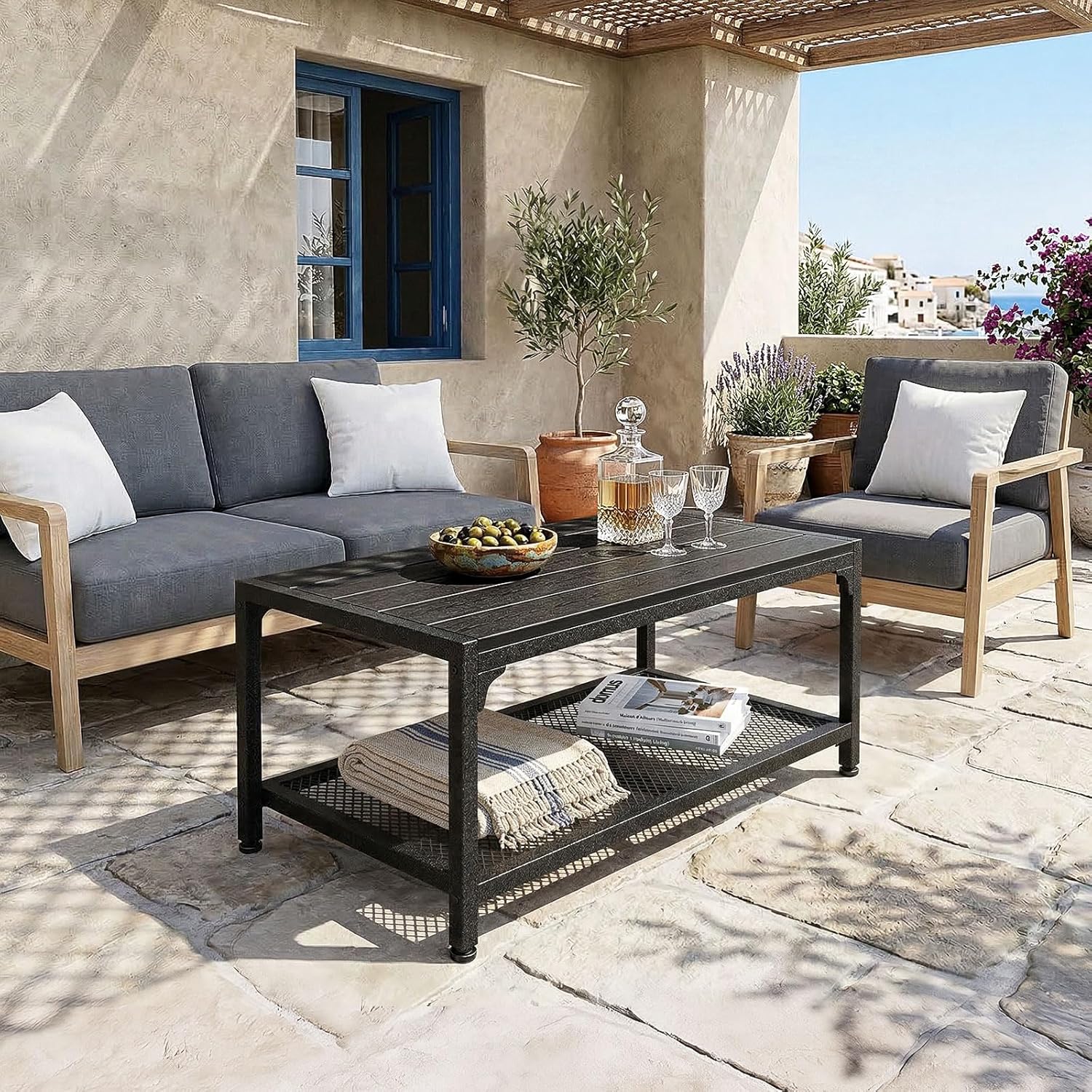 ODK Outdoor Coffee Table with Double-Layer Storage, Rectangle Weather-Resistant Patio Coffee Table for Garden, Balcony, Hot Tub, Poolside, Heavy-Duty Metal Frame, Black