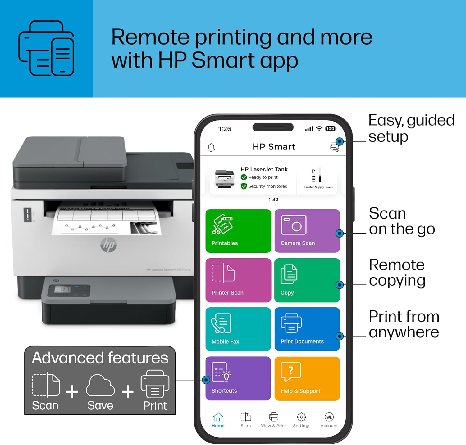 HP LaserJet-Tank MFP 2604sdw Wireless Black & White Printer Prefilled with Up to 2 Years of Original Toner (381V1A)