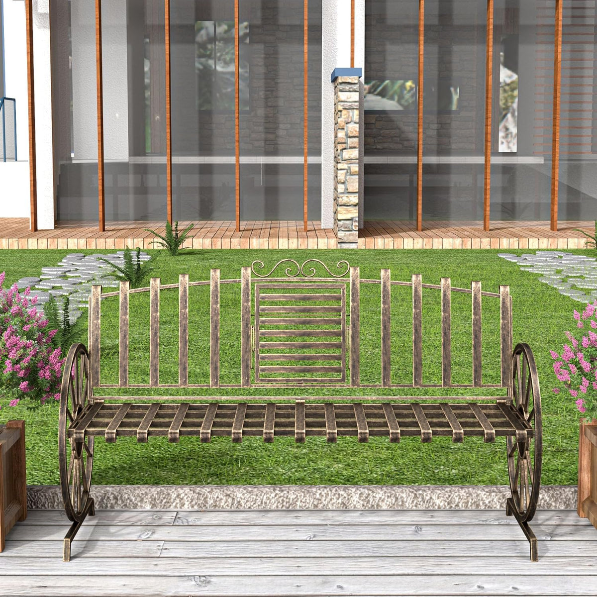 Outdoor Bench Patio Outdoor Garden Bench with Built-in Table, Wagon Wheel Arms, 3 People Outdoor Bench Garden Bench Front Porch Furniture Patio Lawn Yard Park (Bronze)