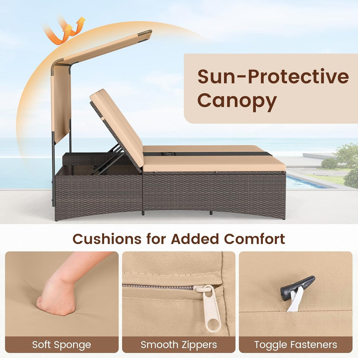 Tangkula Outdoor Rattan Daybed with Canopy & 4-Level Adjustable Backrests, 2-Person Wicker Patio Day Bed with Cushions, Table & Cup Holders, Double Sunbed Lounger for Balcony, Backyard & Poolside