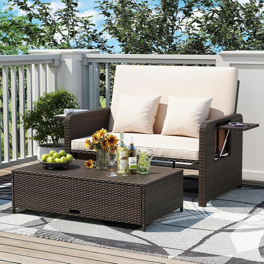 S AFSTAR Outdoor Daybed with Storage Ottoman, Wicker Chaise Lounge Chair with Cushions, Adjustable Backrest & 2 Retractable Trays, Patio Rattan Daybed Loveseat Sofa for Poolside Backyard