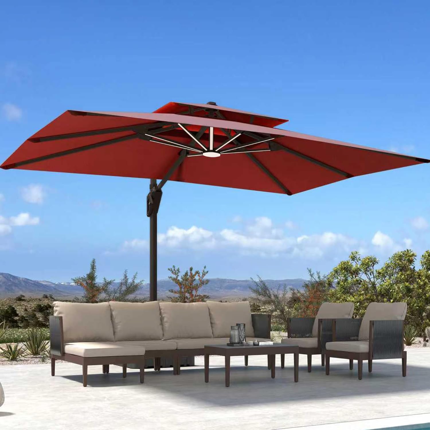 10' X 13' Patio Umbrella with LED Lights Outdoor Cantilever Large Rectangle Offset Umbrellas Heavy Duty Aluminum Double Top with 360-degree Rotation for Pool Garden Deck, Red