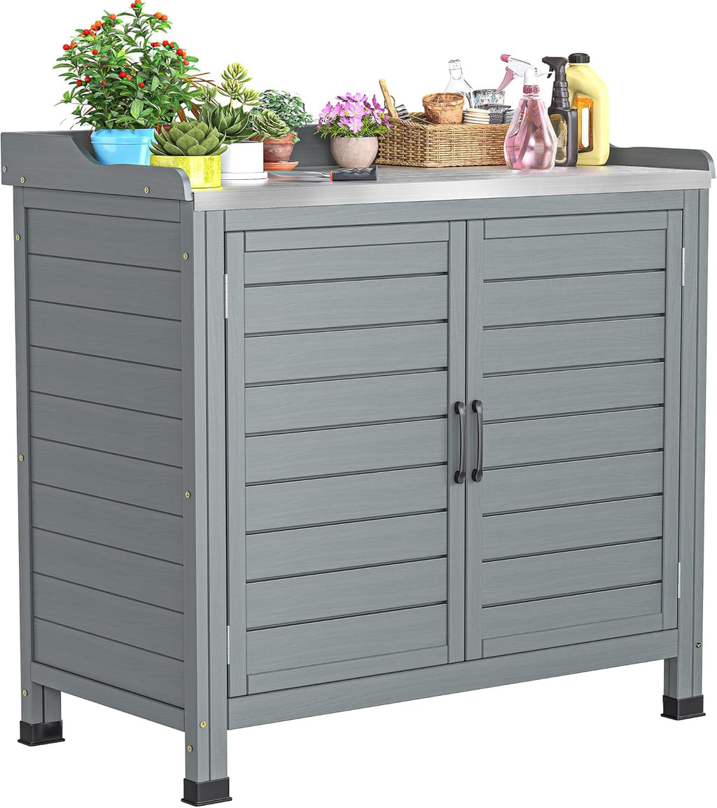 YITAHOME Outdoor Garden Potting Bench with Storage Cabinet, Metal Tabletop & Removable Shelf, Wooden Planting Workstation for Patio, Garden, Yard (Grey)