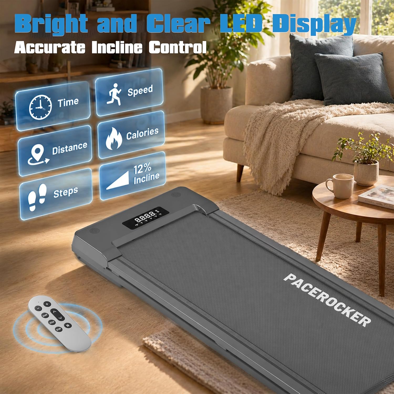 PACEROCKER Walking Pad Treadmill with 12% 9-Level Auto Incline, 450 lbs Capacity Bluetooth Speaker Under Desk Treadmills for Home Hiking, 5 MPH