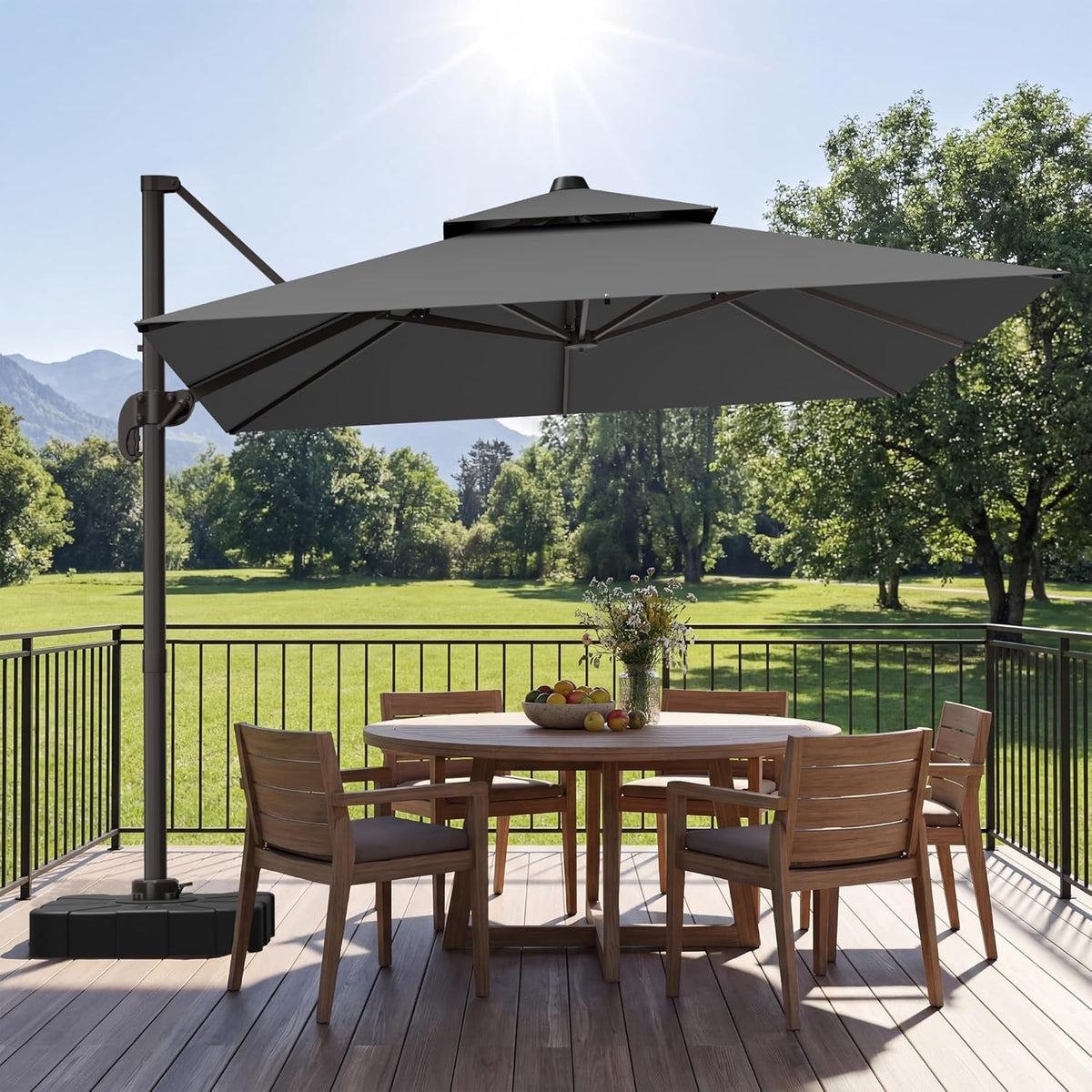 GENTEACO 10X10 FT Cantilever Umbrella with Base Included, Large Offset Patio Umbrella with Double Top, 6 Angle Tilts & 360° Rotation, Large Square Sun Umbrellas for Outdoor Pool Market, Grey