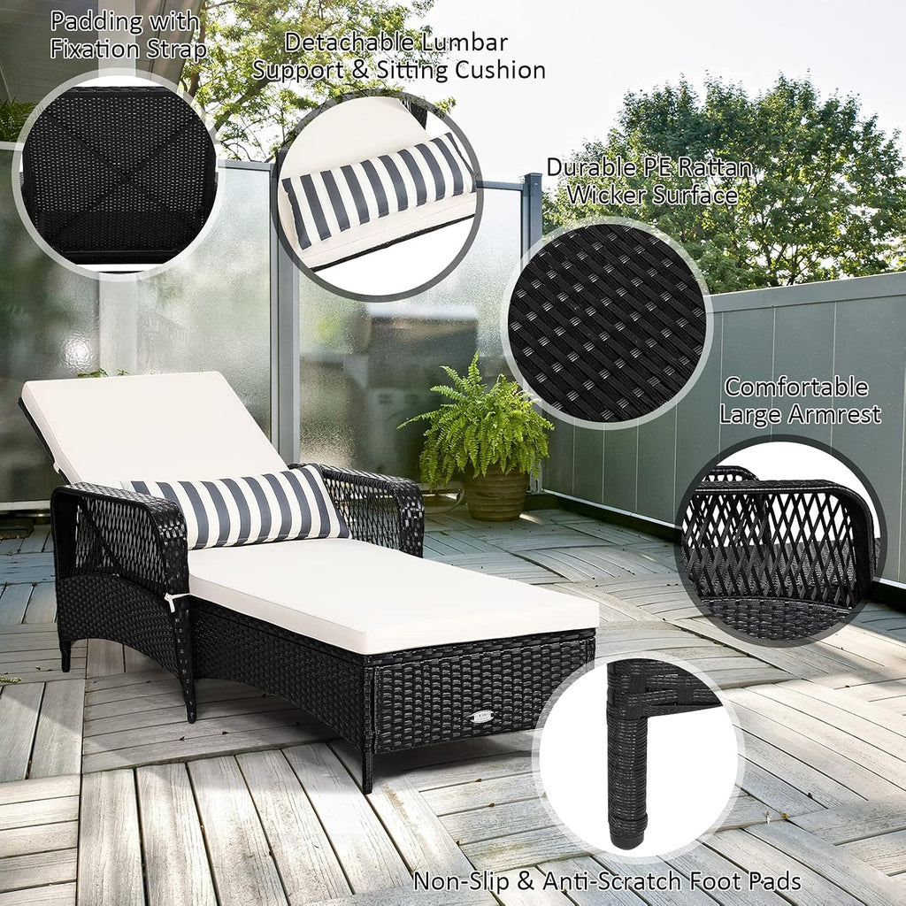 Tangkula Wicker Chaise Lounge Outdoor, Patio Rattan Reclining Chaise with 6-Gear Adjustable Backrest, Thick Padded Cushion & Removable Lumbar Pillow, Pool Lounge Chairs for Outside Balcony Backyard