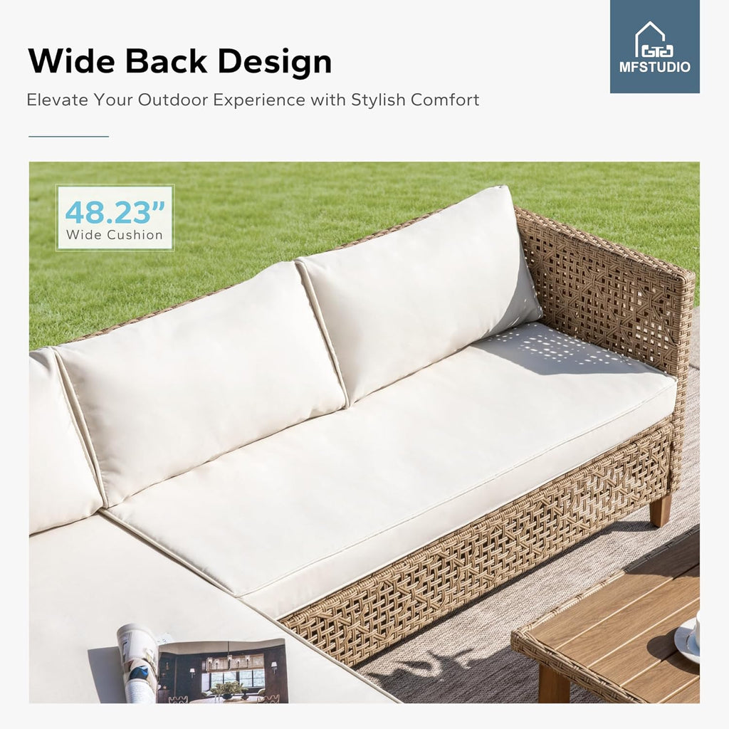 MFSTUDIO Wicker Patio Furniture Set, Rattan Outdoor Couch Sectional Sofa, 5 Pieces Patio Conversation Set with Acacia Wood Coffee Table, Outdoor Rattan Furniture Set for Garden or Balcony, Beige