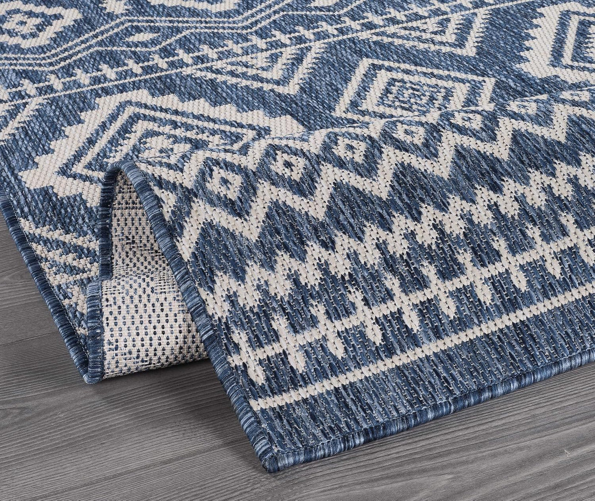 Beverly Rug Waikiki Boho Indoor Outdoor Rug 9x12, Washable Outside Carpet for Patio, Deck, Porch, Bohemian Area Rug, Farmhouse Rugs, Aztec Tribal Rug, Azure and White