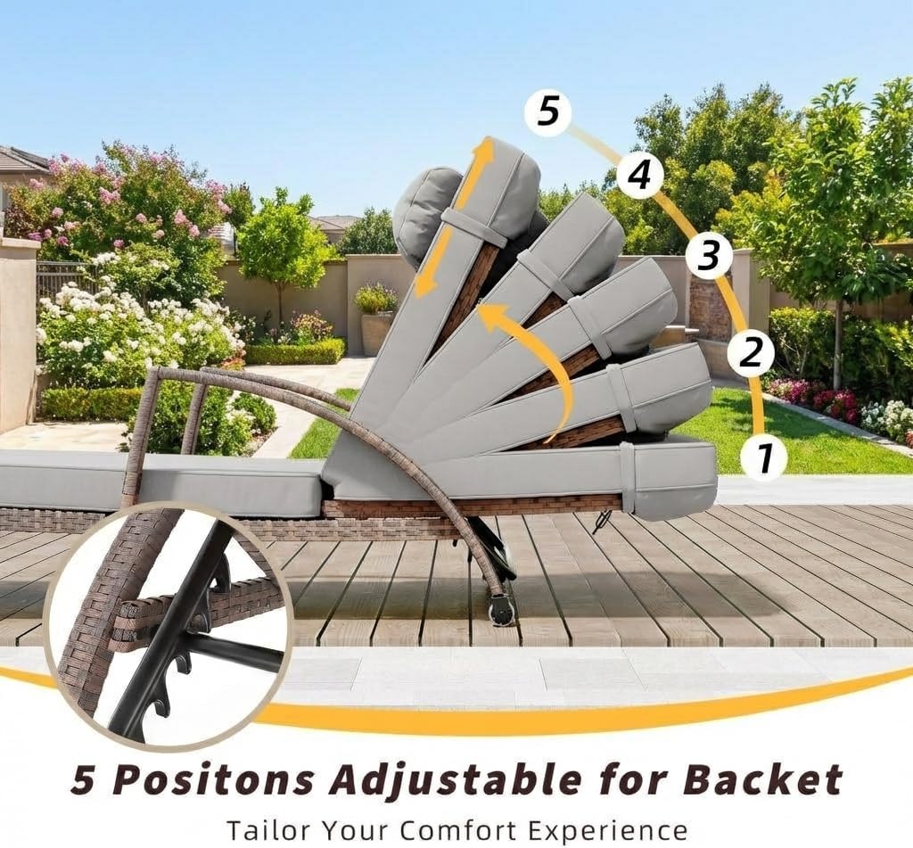 Garvee Outdoor Chaise Lounge Set of 2, 5-Position Adjustable PE Wicker Reclining Chairs with Wheels & 3.5" Cushions, 400 lbs Capacity All-Weather Patio Furniture for Poolside, Garden, Beach(Gray)