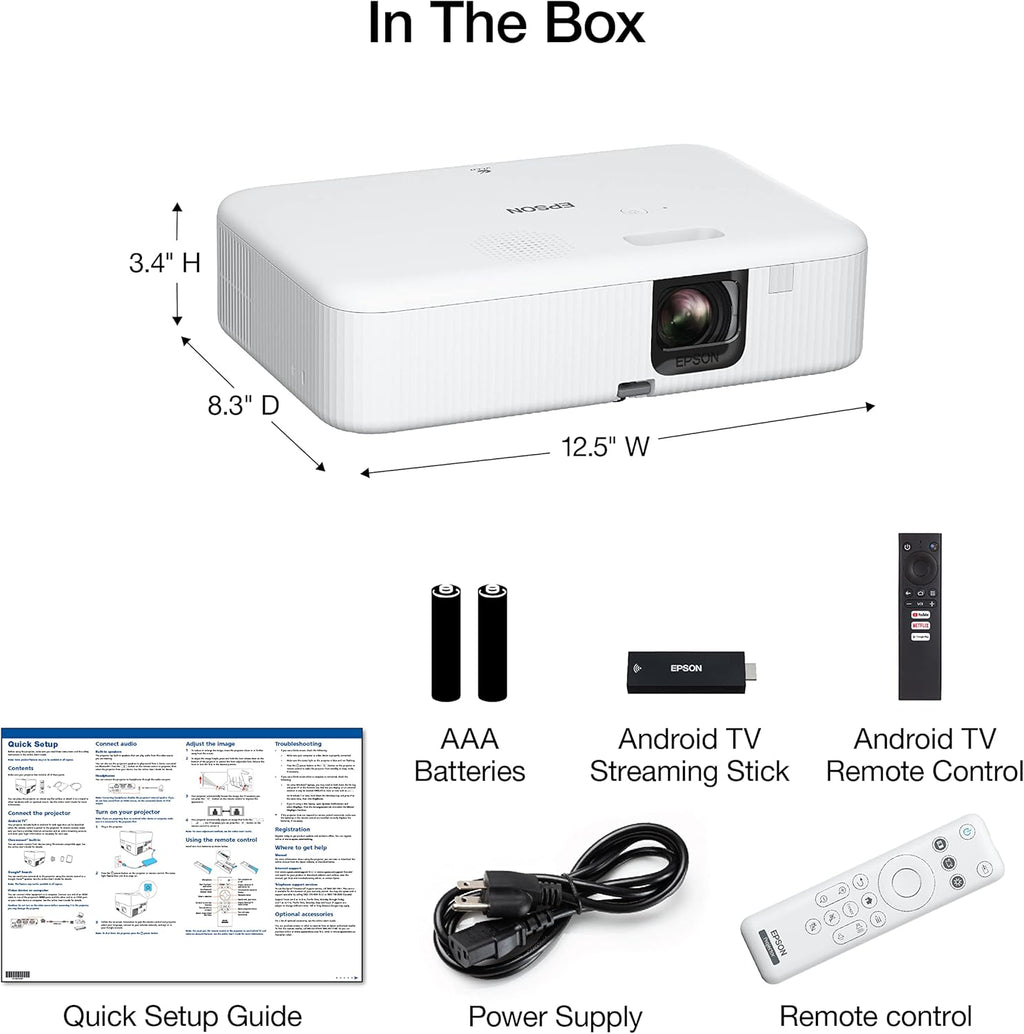 Epson EpiqVision Flex CO-FH02 Full HD 1080p Smart Streaming Portable Projector, 3-Chip 3LCD, 3,000 Lumen Color/White Brightness, Android TV, Bluetooth, 5W Speaker, Home Entertainment (Renewed)