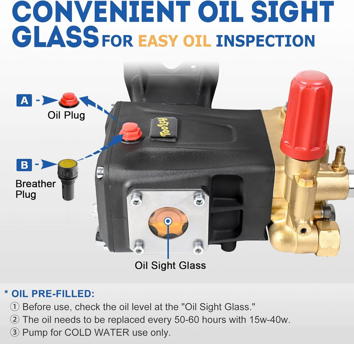 TOOLCY Pressure Washer Pump 3600-4400 PSI Max 4.4 GPM, 1 Inch Shaft Horizontal Triplex Plunger Replacement, Direct Drive with Unloader, 5 Nozzle Tips, M22-14mm Adapter