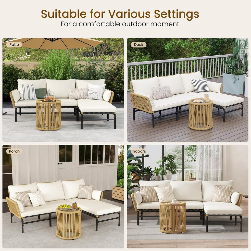 Yaheetech 3 Pieces L-Shaped Conversation Sofa Set, Outdoor Patio Furniture Set w/Detachable Lounger, Thick Cushions, Glass Side Table for Patio, Backyard, Porch, Garden