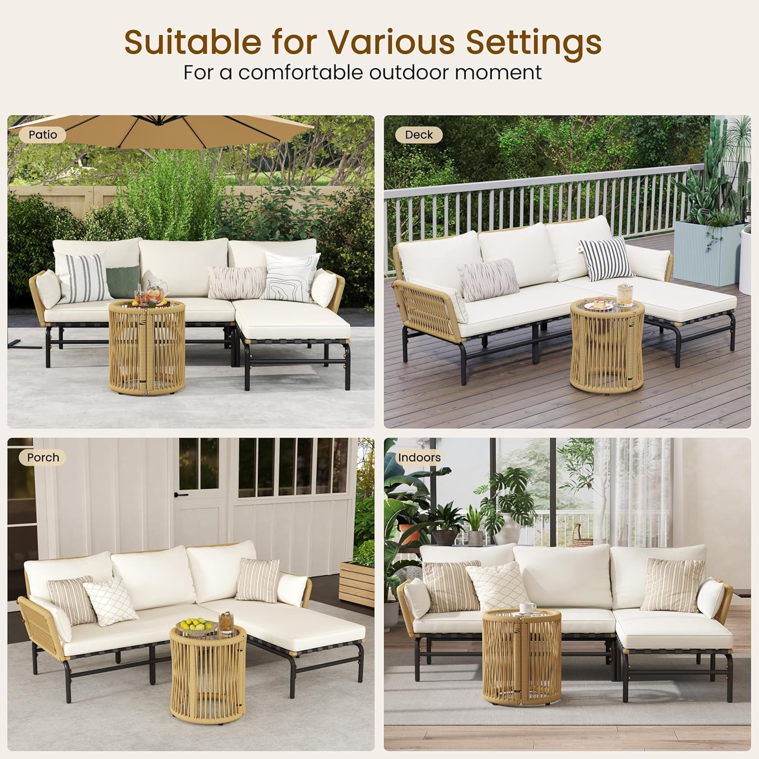 Yaheetech 3 Pieces L-Shaped Conversation Sofa Set, Outdoor Patio Furniture Set w/Detachable Lounger, Thick Cushions, Glass Side Table for Patio, Backyard, Porch, Garden