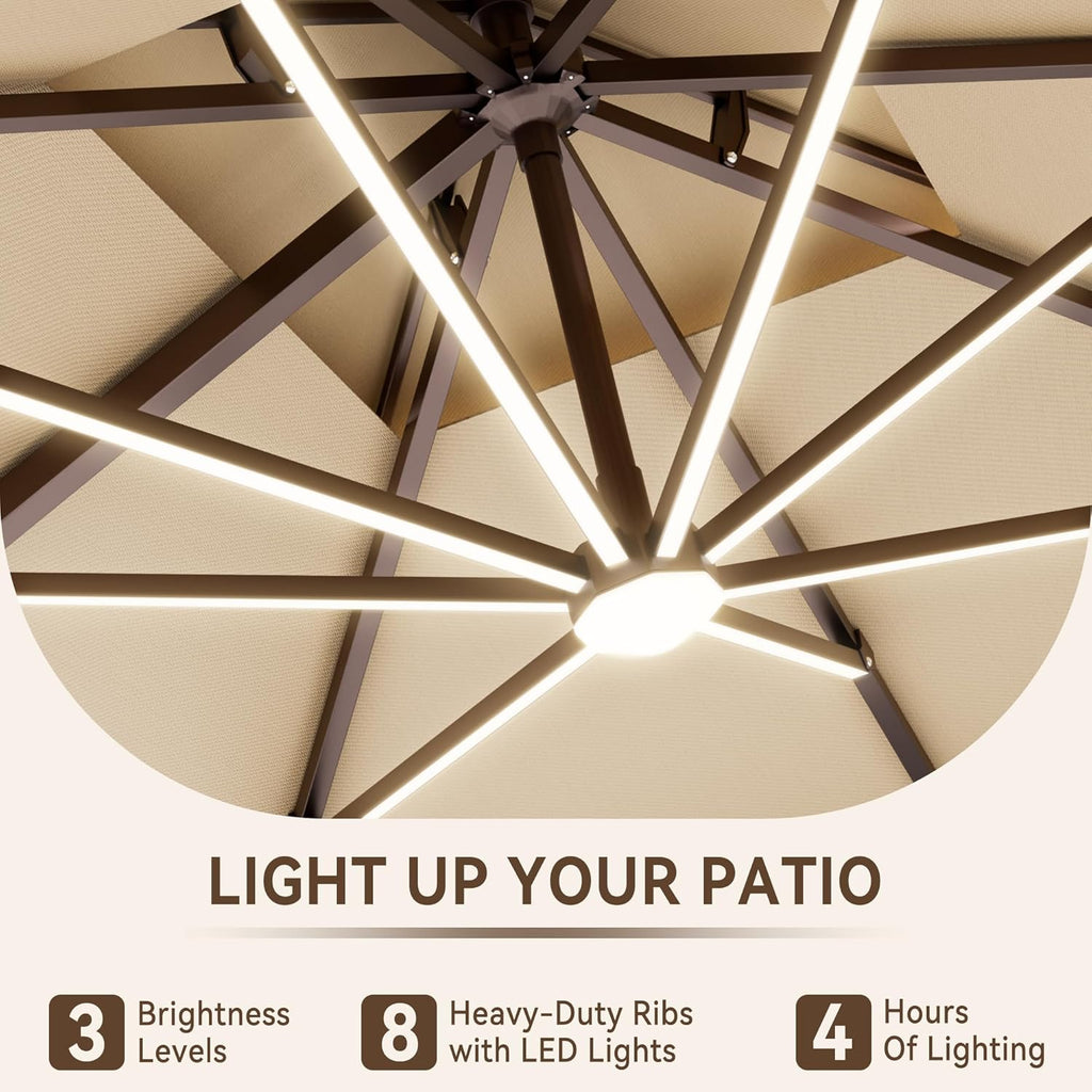 10 X 13 FT Cantilever Outdoor Patio Umbrella with LED Lights Large Heavy Duty 360° Rotation Double Top Offset Rectangular Umbrellas for Backyard Garden Pool Outside Deck, Beige