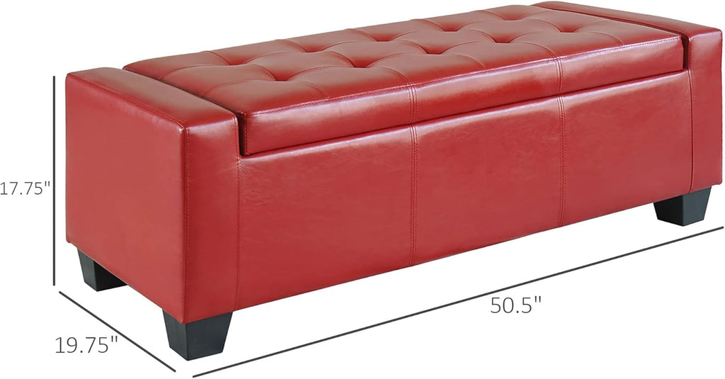 HOMCOM 51" Ottoman with Storage, Storage Ottoman Bench with Safty Hinge, Faux Leather Upholstered Entryway Bench with Seating for Living Room, Bedroom, Holds up to 330 lb, Bright Red
