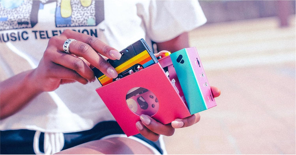 We are Rewind Portable Cassette Player - Cassette Tape Recorder with Bluetooth Connection Speaker or Headphones, 3.5mm Audio Cable - (Edith, Pink & Green)