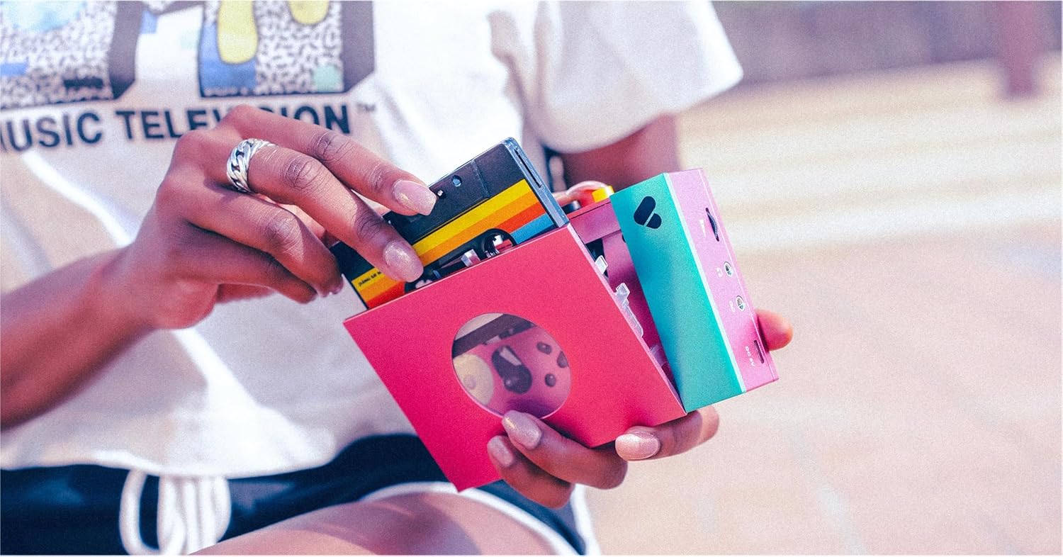 We are Rewind Portable Cassette Player - Cassette Tape Recorder with Bluetooth Connection Speaker or Headphones, 3.5mm Audio Cable - (Edith, Pink & Green)