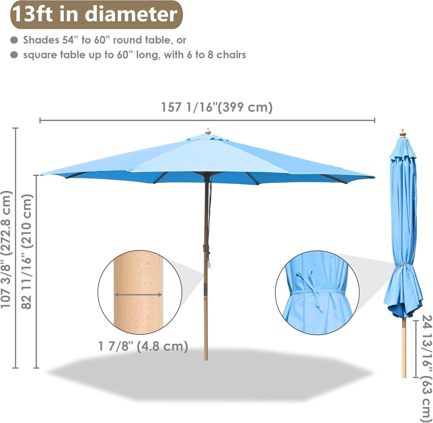 Yescom 13ft Coastal Solid Beech Wood Umbrella Pulley Lift Commercial Base with Wheel Included for Beach Club Seaside Restaurant Terrace Resort Poolside