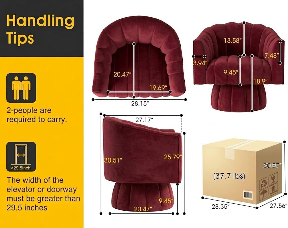 Dewhut Swivel Accent Chair, 360° Swivel Barrel Chair with Armrest, Velvet Upholstered Single Sofa Reading Chair for Living Room,Bedroom,Waiting Room(Red)