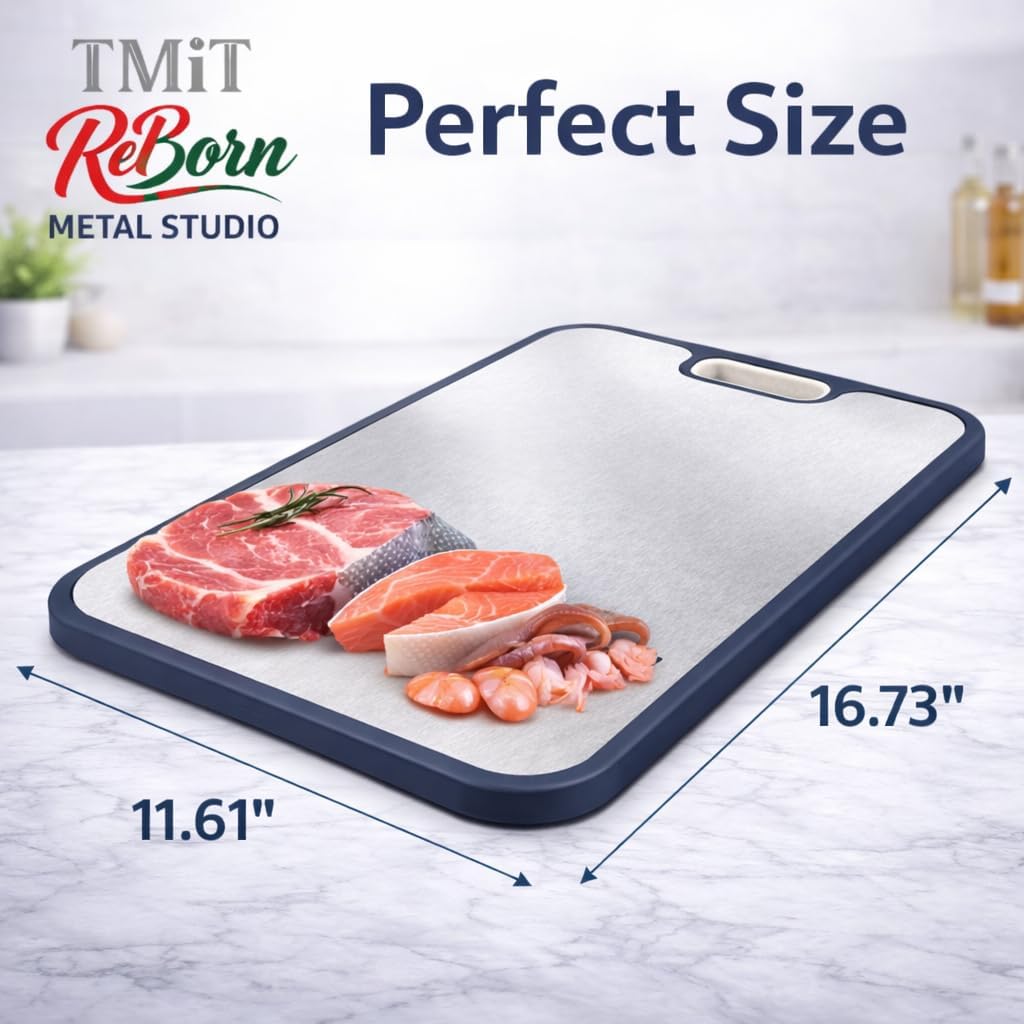 Stainless Steel Cutting Board 16 x 11 Inch, Double Sided Chopping Board with Wheat Straw Back, Vegetables & Fruit