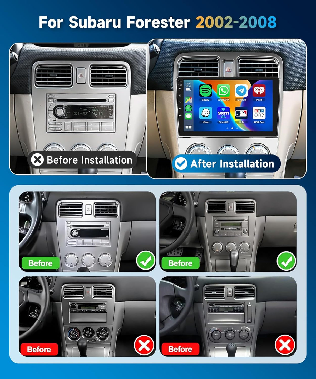 Car Radio Stereo for Subaru Forester Radio 2002-2008 2+64G with Wireless Carplay/Android Auto,Android Car Stereo 9 Inch Touch Screen GPS DSP WiFi Bluetooth FM/RDS Mirror Link SWC Backup Camera