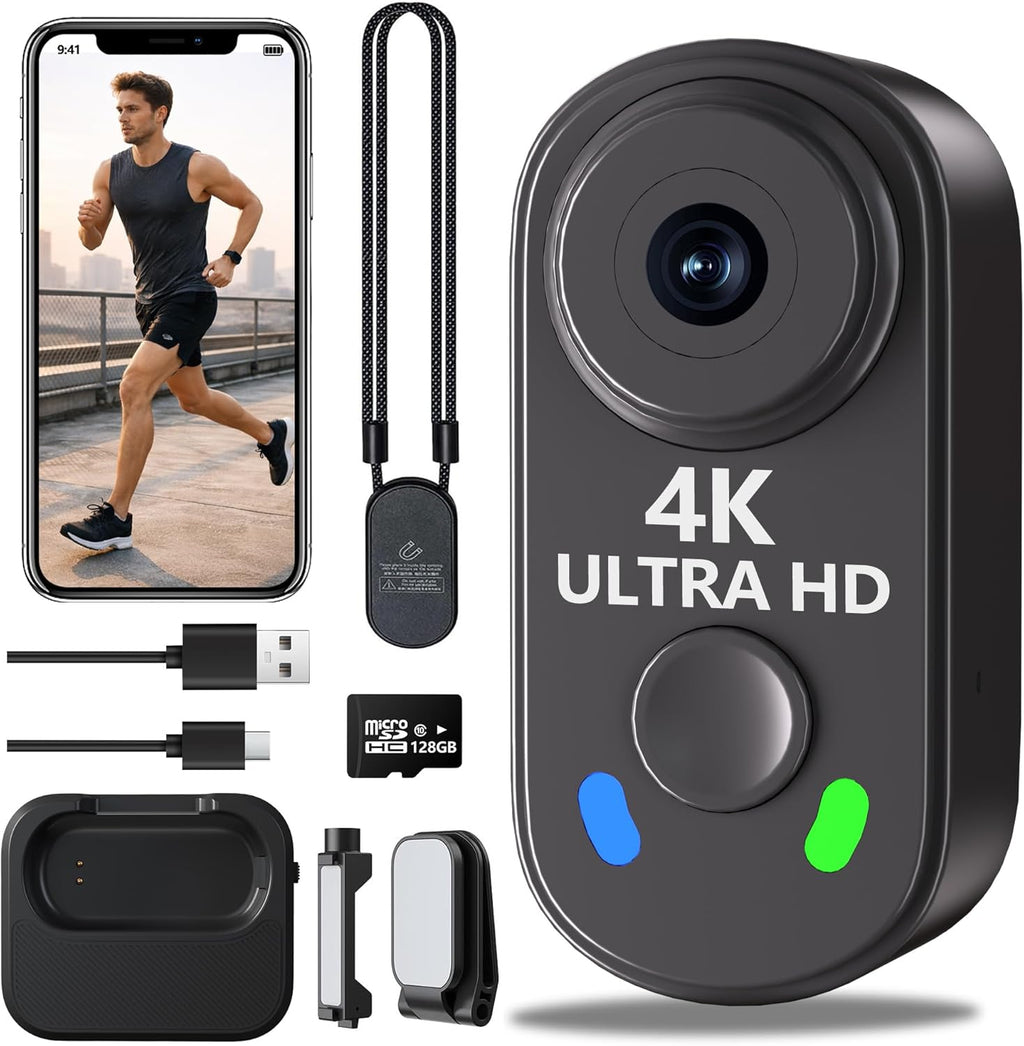 4K Mini Body Camera with 128GB Card,Thumb Action Cam with WiFi, 150° Wearable Hands-Free Chest Recording POV Camera - Magnetic Personal Clip On Camcorder for Cycling/Travel/Outoor/Work (Black)