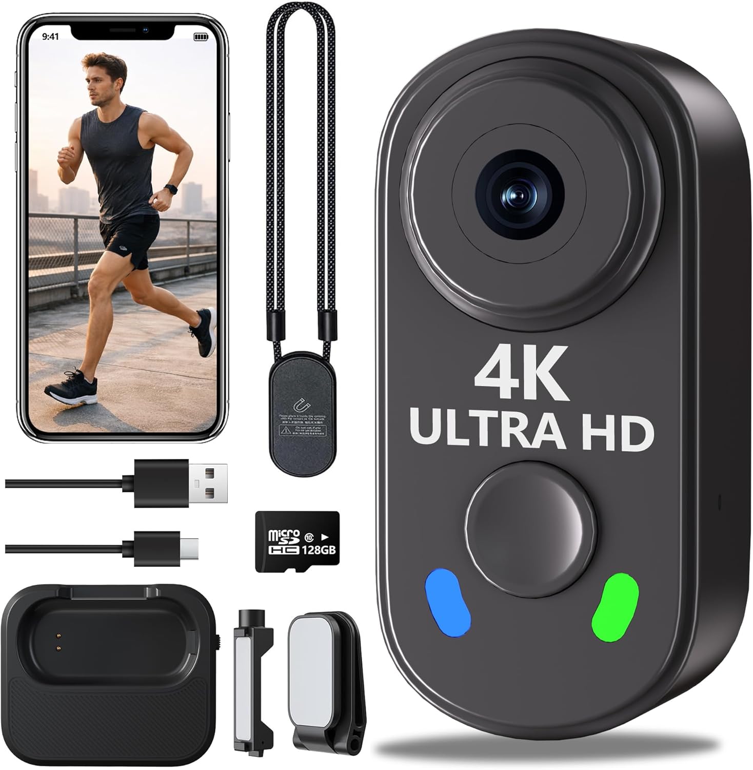 4K Mini Body Camera with 128GB Card,Thumb Action Cam with WiFi, 150° Wearable Hands-Free Chest Recording POV Camera - Magnetic Personal Clip On Camcorder for Cycling/Travel/Outoor/Work (Black)