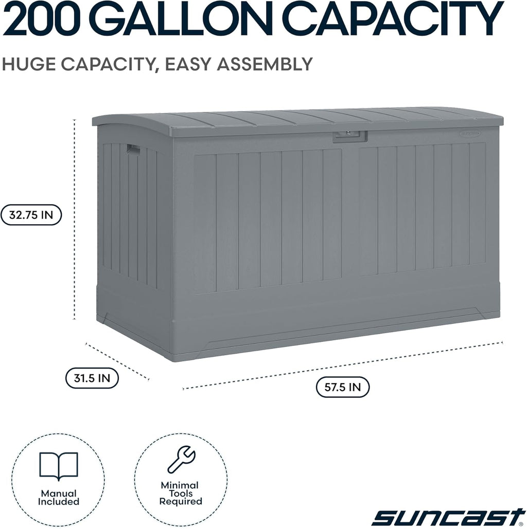 Suncast 200-gal. All-Weather Patio Deck Box, Made in the USA, with Pad-Lockable Lid, Extra-Large Outdoor Storage Unit for Patio Furniture and Grill Tools, Dove Gray Color