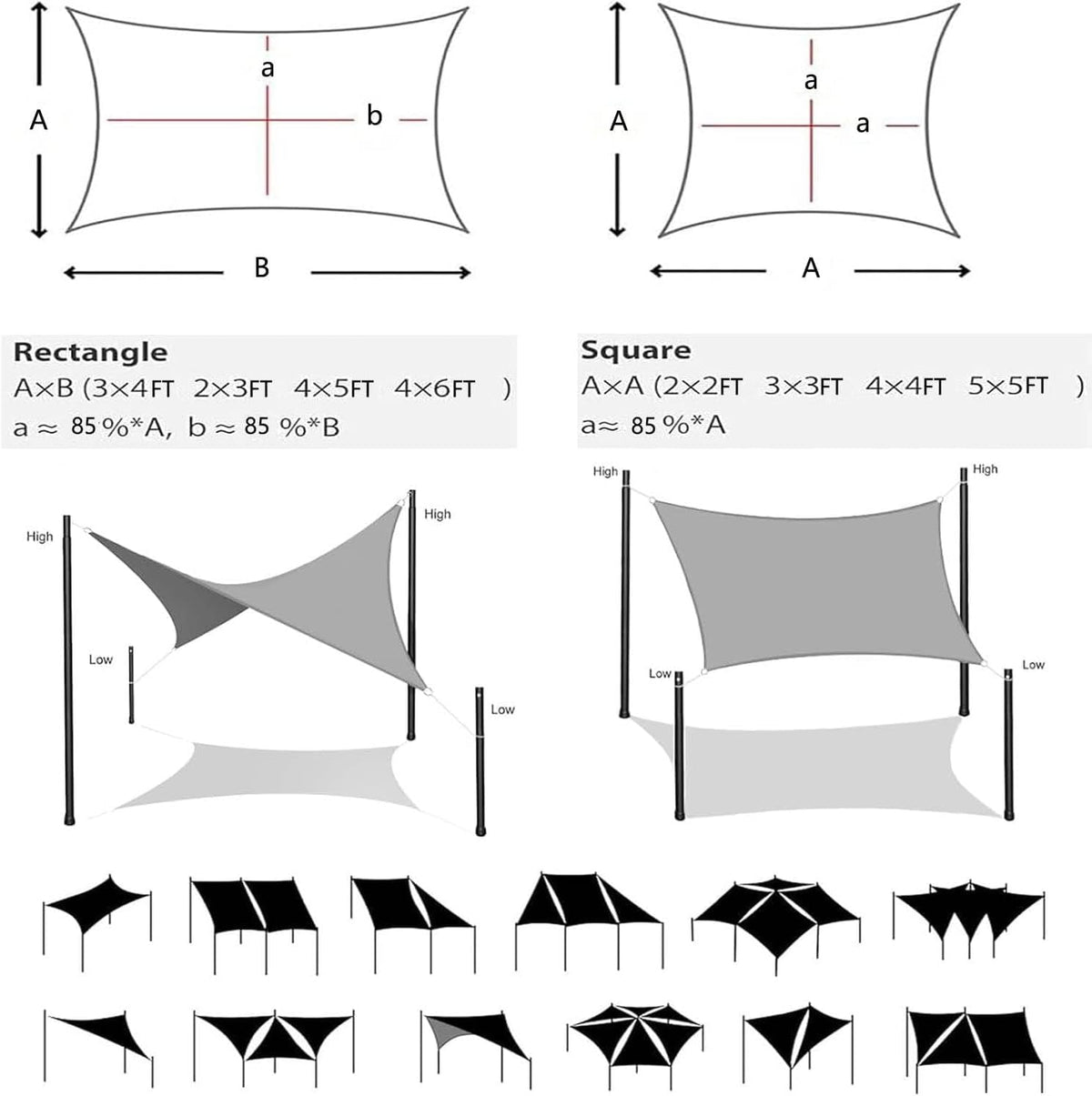 Sun Shade Sails Rectangle 12' x 12' Waterproof Shade Sail for Garden 98% UV Blocking Outdoor Sunshade Canopy with Rope for Outdoor Garden Pergola Patio Party Backyard Lawn Khaki