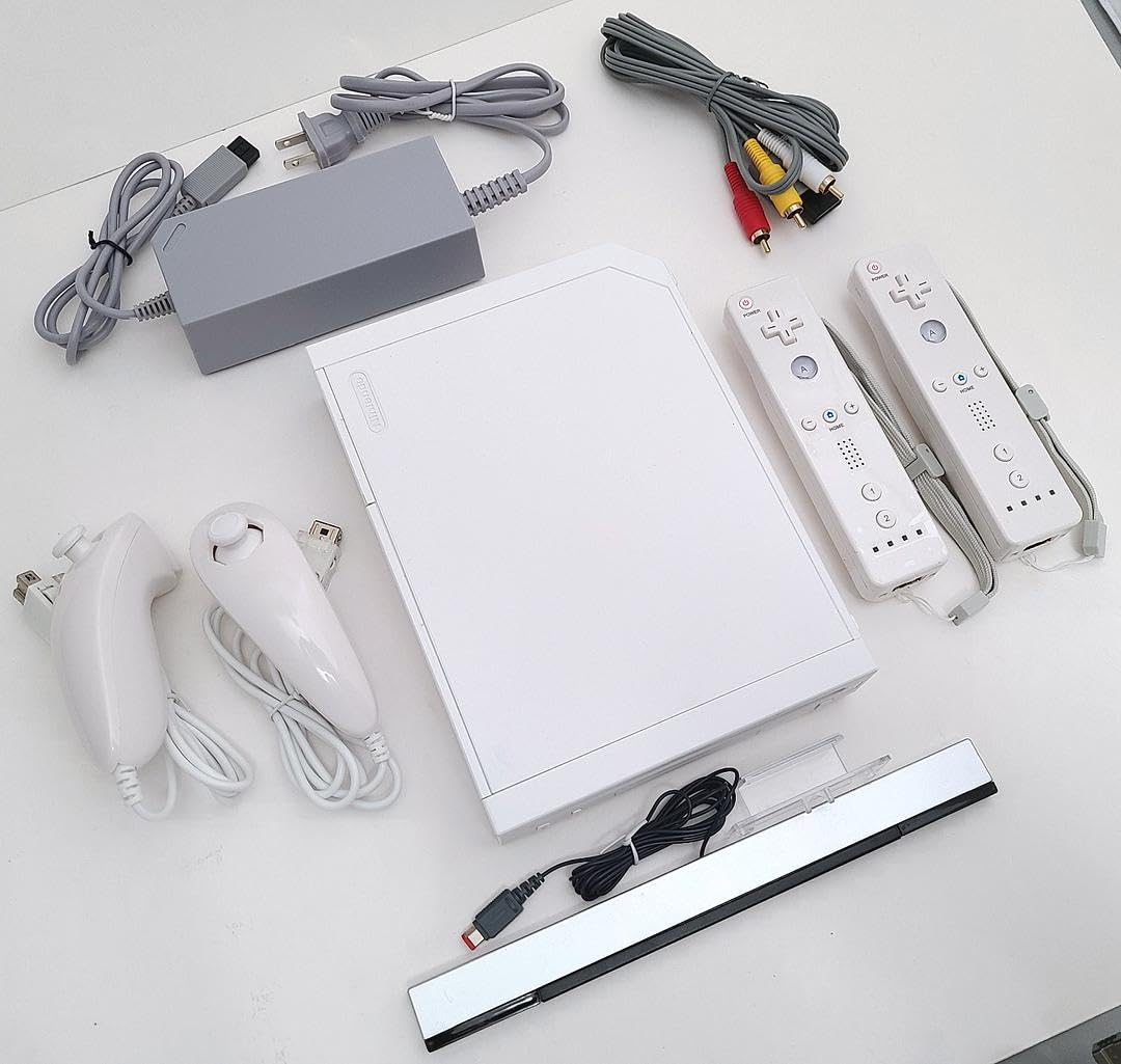 Wii Nintendo Console Bundle – White RVL-001 System Compatible with GameCube Games – Includes 2 Up to Date Remote Controllers, 2 Nunchucks, Sensor Bar, AV Cable, AC Adapter – Ready to Play (Renewed)