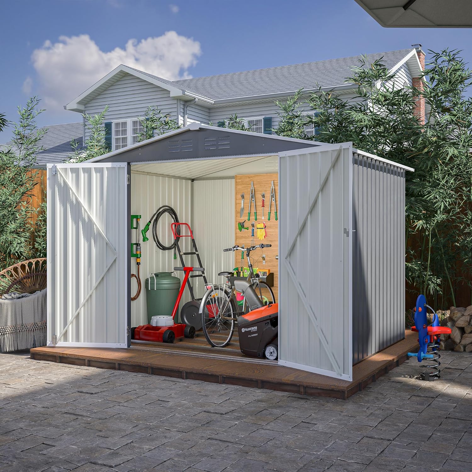 8x6 FT Outdoor Metal Storage Shed, Gray, with Floor Foundation, Lockable Hinged Doors, Air Vents, for Backyard and Lawn