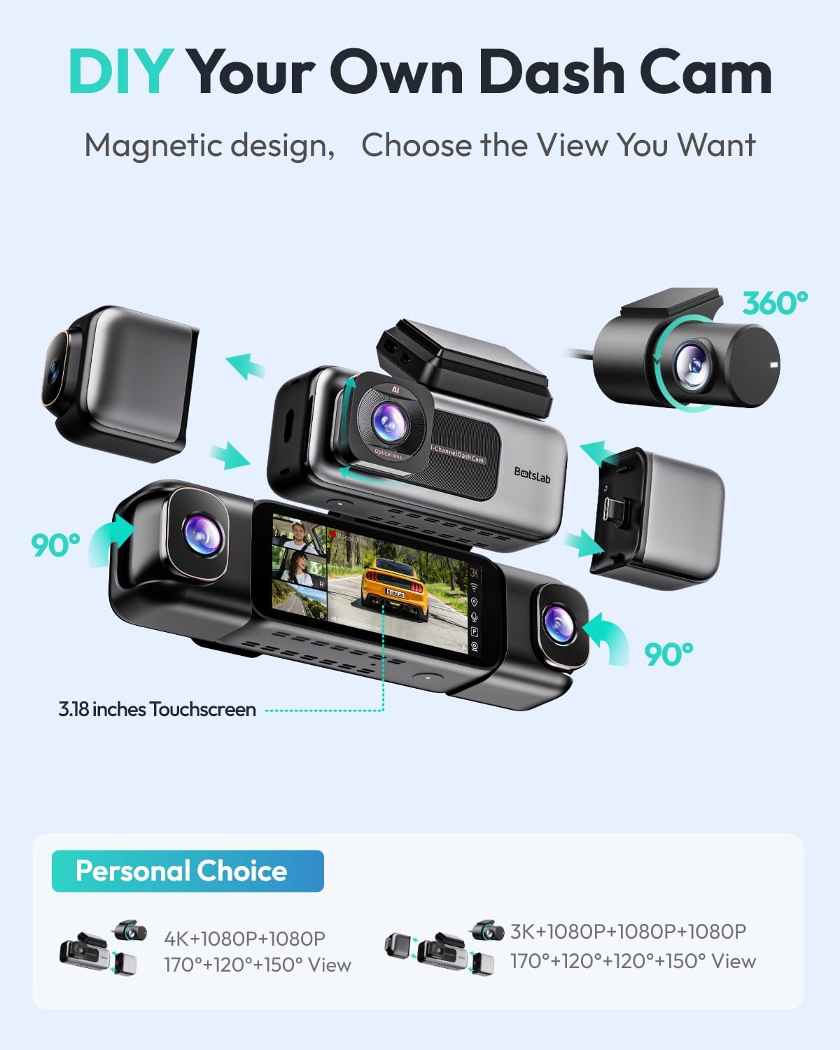BOTSLAB 3K 4 Channel Dash Cam, 360° All-Sides View, Front and Rear Inside Car Camera with 3.18”Touch Screen, Dash Camera 24/7 Parking Mode, Built-in GPS 5.8GHz WiFi Voice Control, Free 128GB Card