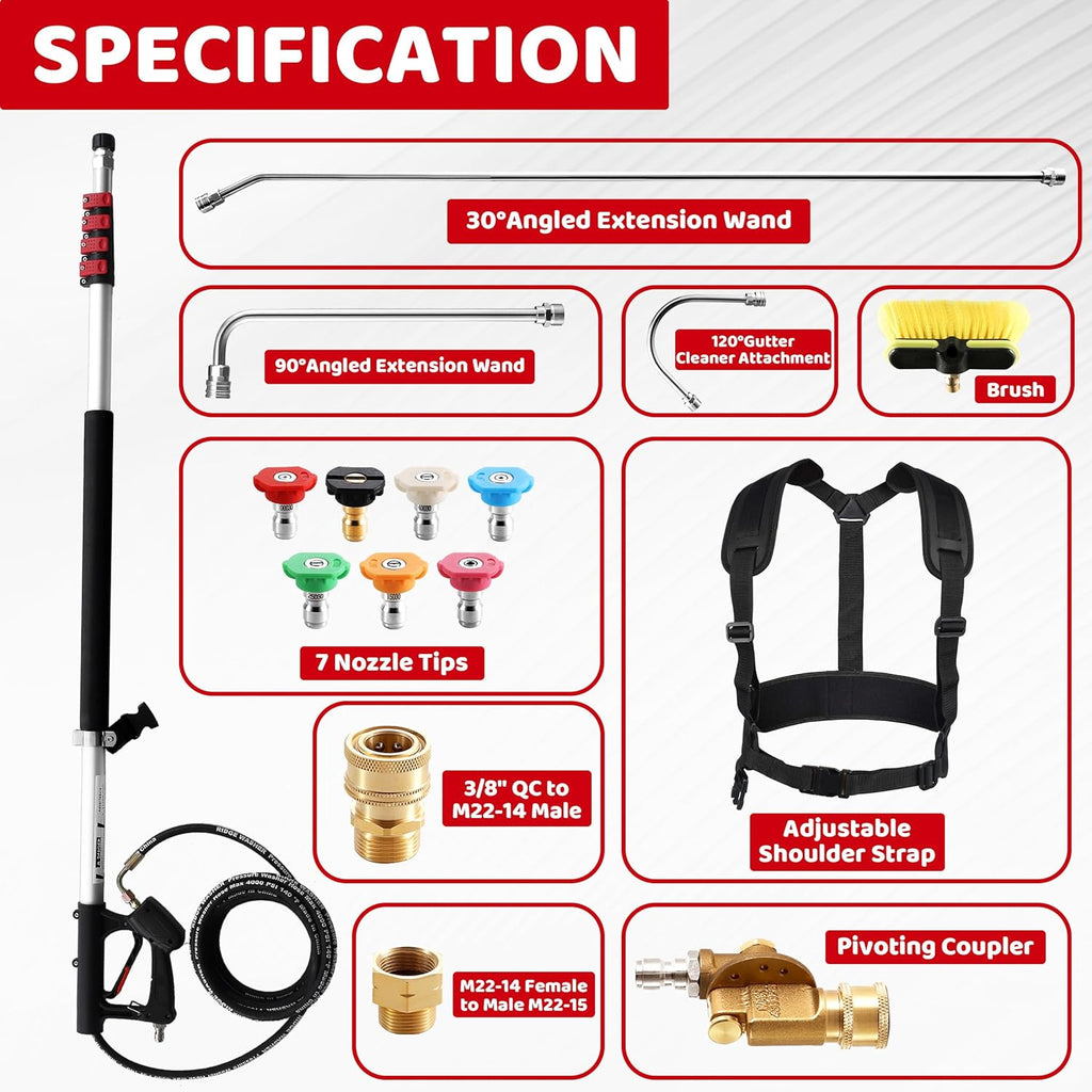 RIDGE WASHER 24 FT Telescoping Pressure Washer Wand, Power Washer Extension Wand with Brush, Telescopic Gutter Cleaner with 3 Stainless Steel Curve Wands, Adjustable Support Belt, 7 Nozzles, 4000 PSI