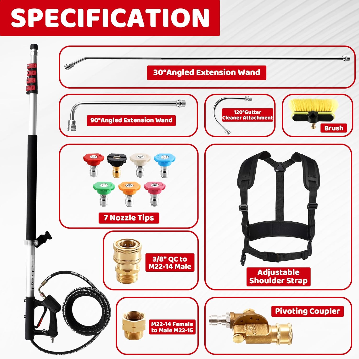 RIDGE WASHER 24 FT Telescoping Pressure Washer Wand, Power Washer Extension Wand with Brush, Telescopic Gutter Cleaner with 3 Stainless Steel Curve Wands, Adjustable Support Belt, 7 Nozzles, 4000 PSI