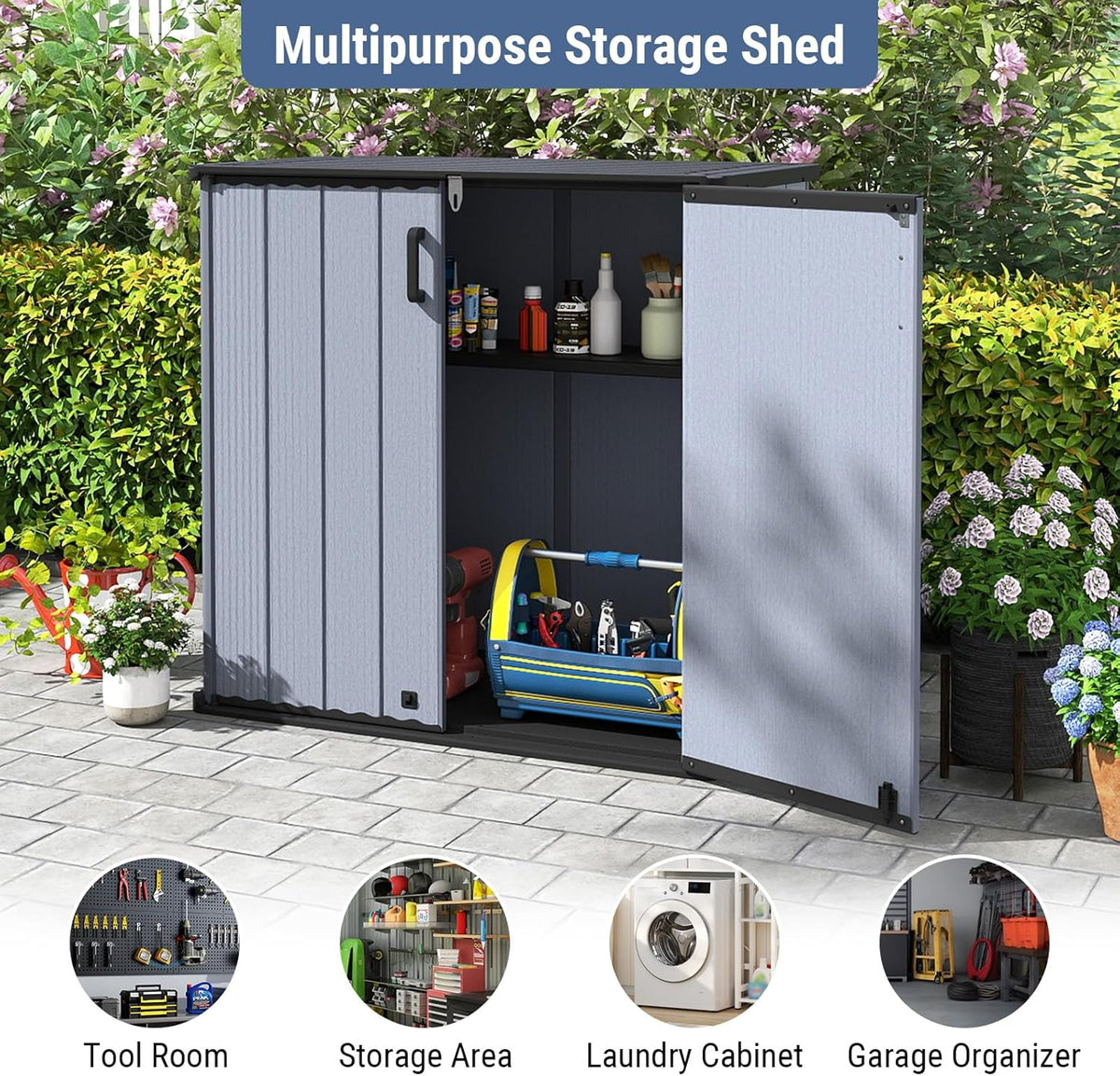 Tangkula 23.5 Cu.ft Outdoor Storage Shed, All-Weather Resin Patio Storage Box with Floor, Lockable Door & Removable Shelf, Waterproof Deck Box for Garden Tools